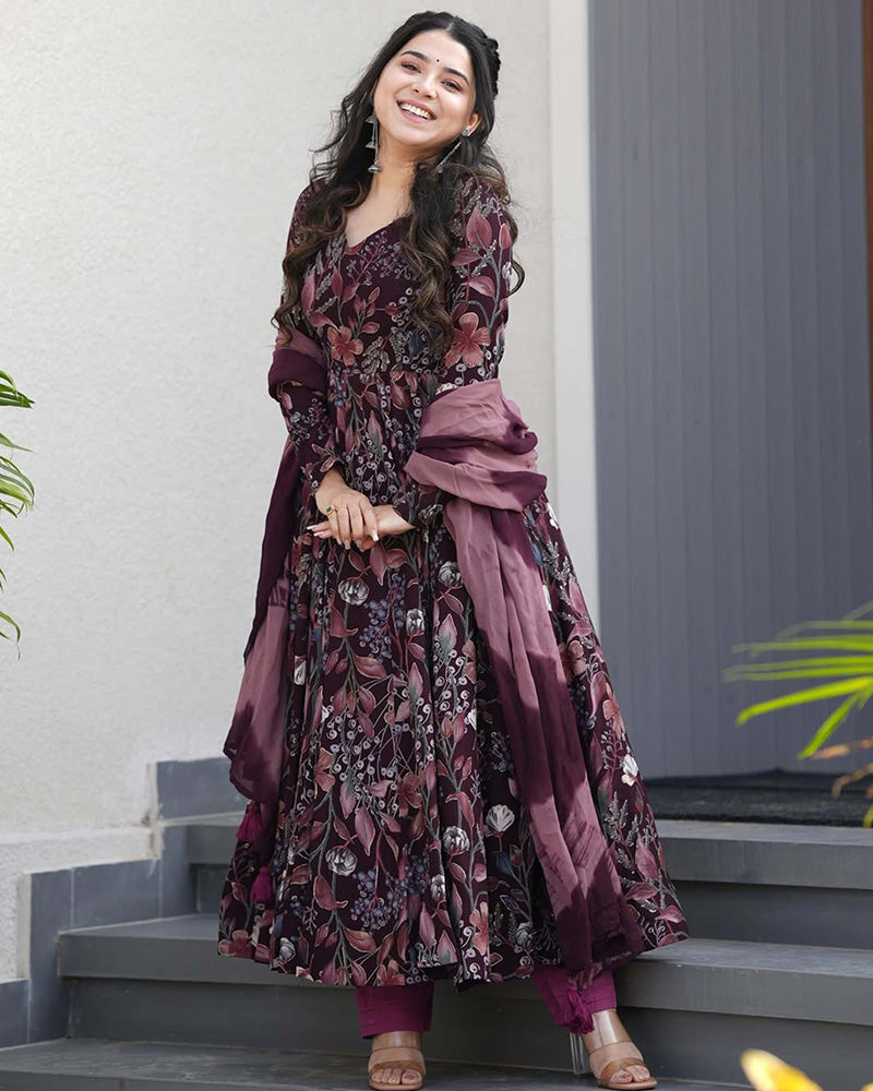 Wine Color Rayon Floral Print Three Piece Anarkali Suit