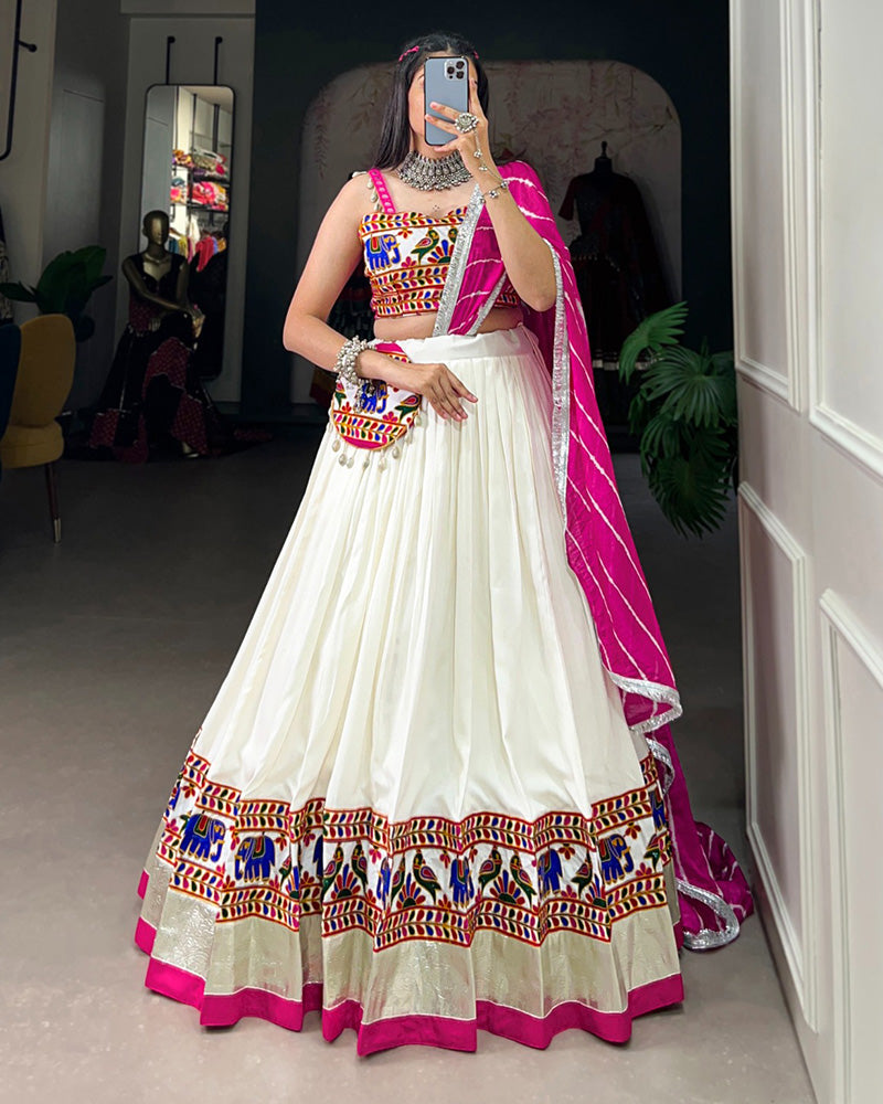 White Color Rayon Gamthi Work Navratri Lehenga Choli