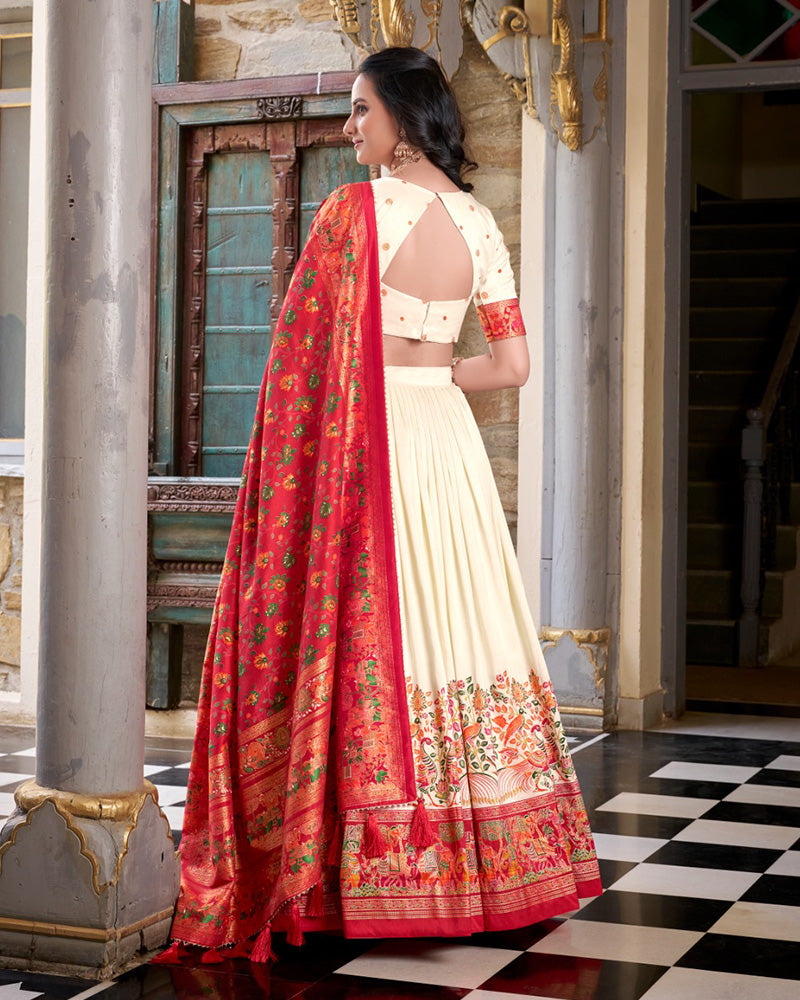 Off White Color Tussar Silk Printed With Foil Work Lehenga Choli