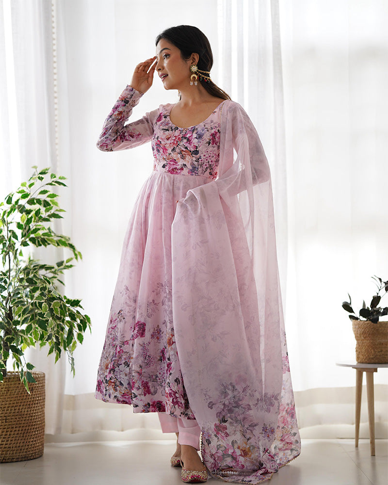 Baby Pink Color Floral Print Organza Three Piece Anarkali Suit
