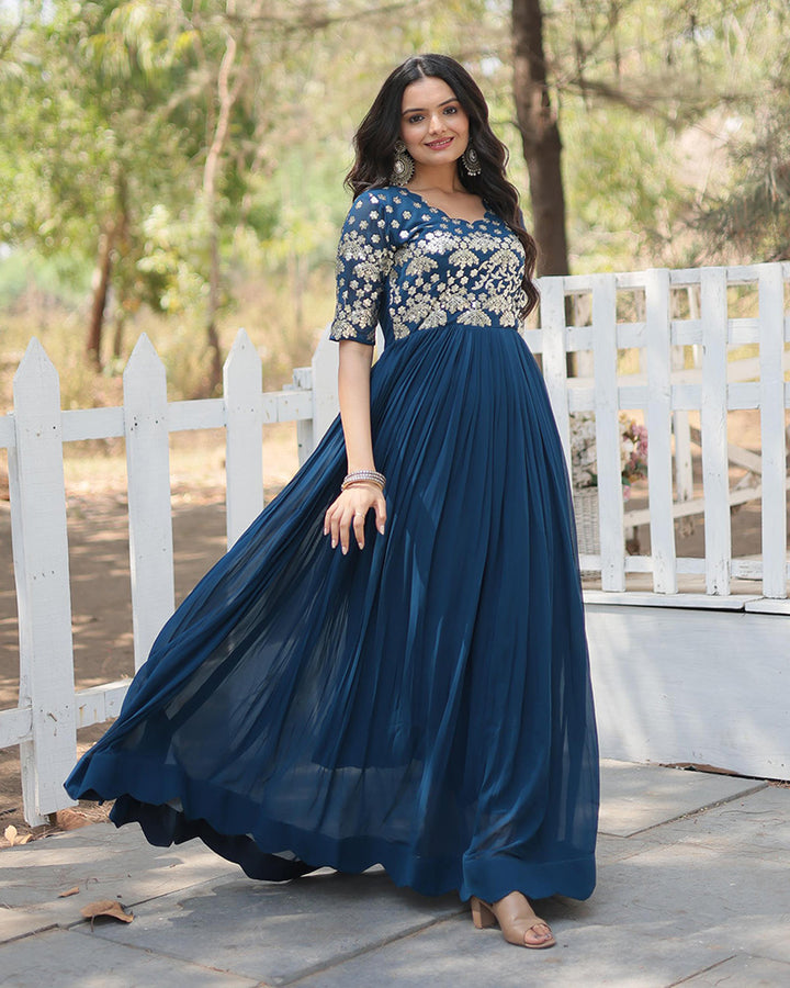 Rama Color Faux Blooming Embroidered Anarkali Gown