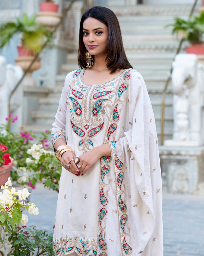 White Color Vichitra Silk Three Piece Kurti Suit