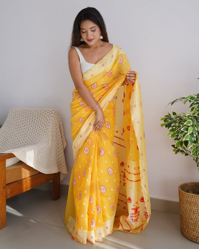 Beautiful Yellow Color Soft Cotton Saree