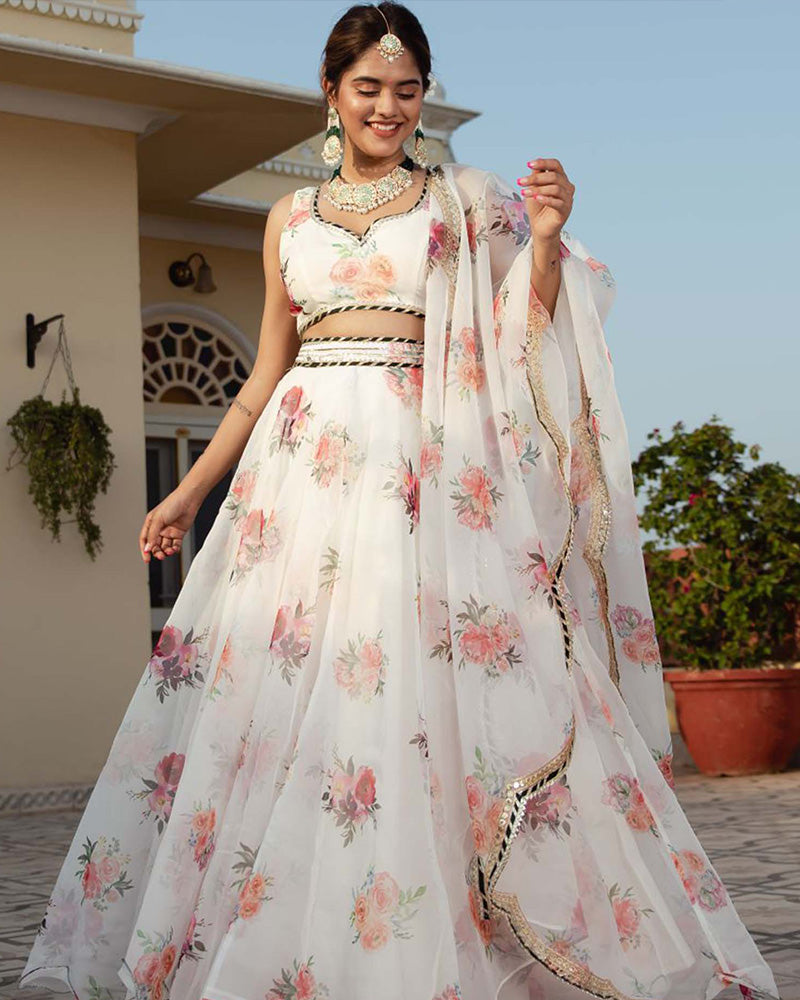 White Color Floral Print Soft Organza Lehenga Choli