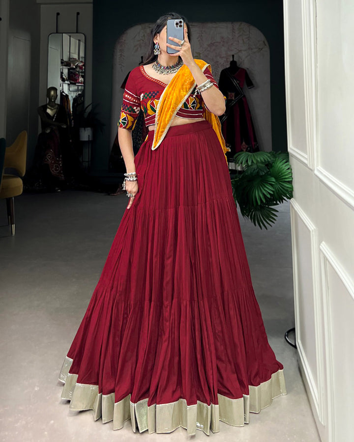 Maroon Color Rayon Ruffle Style Navratri Lehenga Choli