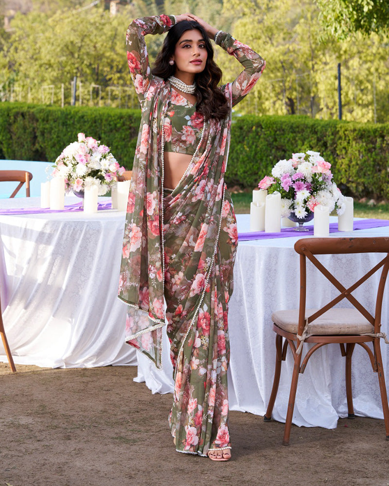 Mehndi Color Weightless Marble Saree