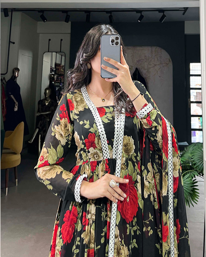 Black And Red Color Floral printed Georgette Gown
