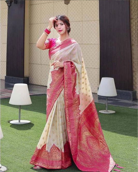 Pink And Cream Color Banarasi Jacquard Soft Silk Saree