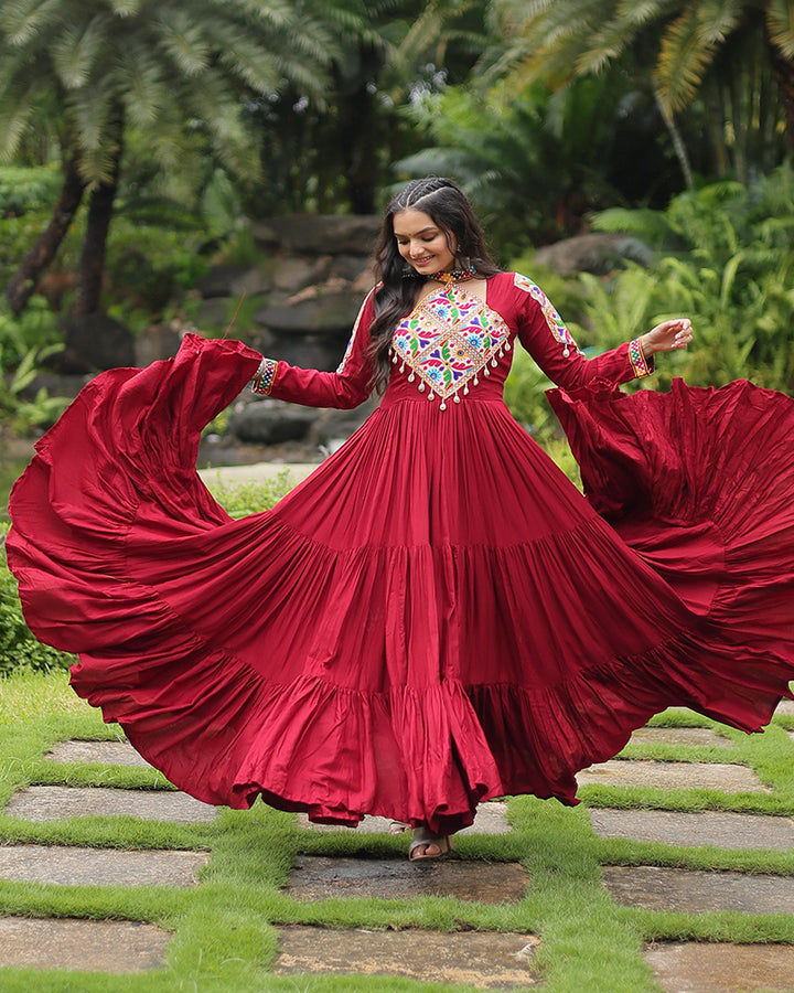 Maroon Color Reyon Gamthi Style Navratri Gown