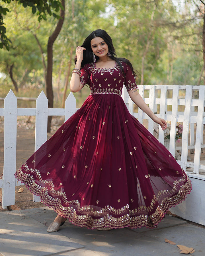 Reddish Maroon Color Faux Blooming Embroidered Gown