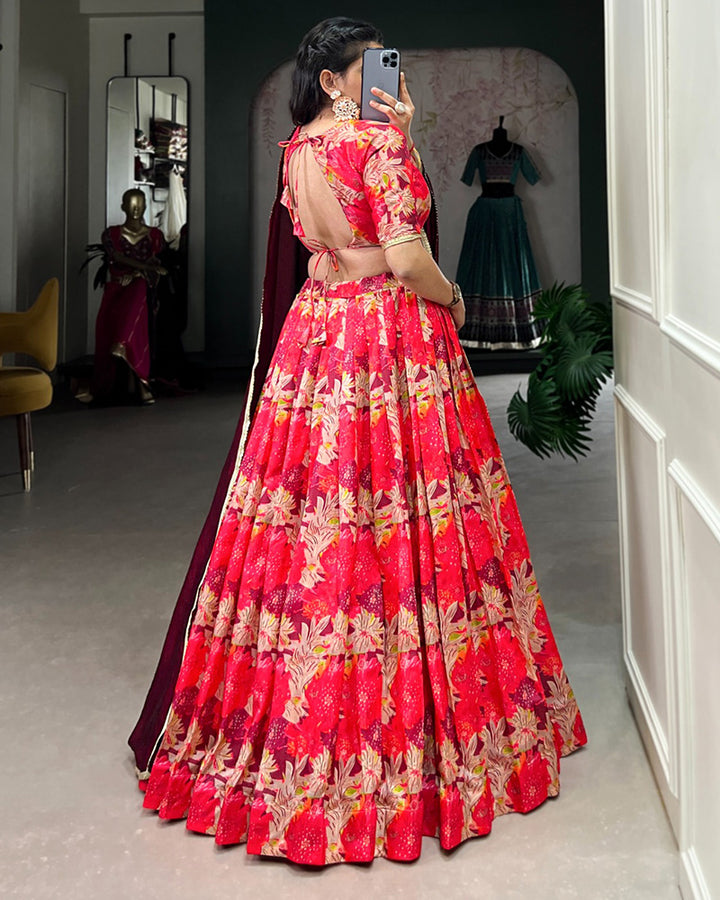 Red Color Tussar Silk Floral Printed Lehenga Choli