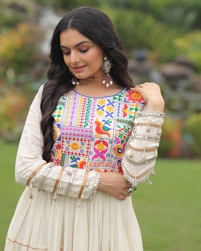 Off-White Color Kora Cotton Multi Threaded Navratri Gown