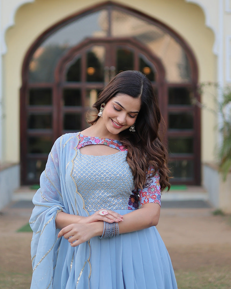Sky Blue Color With Fancy Neck Faux Georgette Designer Anarkali Suit