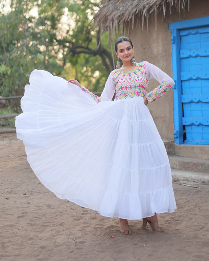 White Color Blooming Ruffle Style Navratri Gown