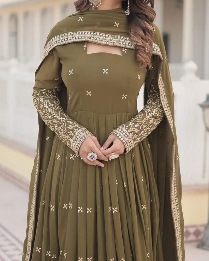 Faux Georgette Mehendi Color Anarkali Gown With Sequence Embroidery Dupatta