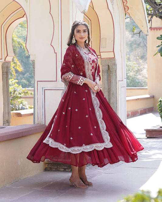 Maroon Color Anarkali Gown With Faux Blooming Dupatta