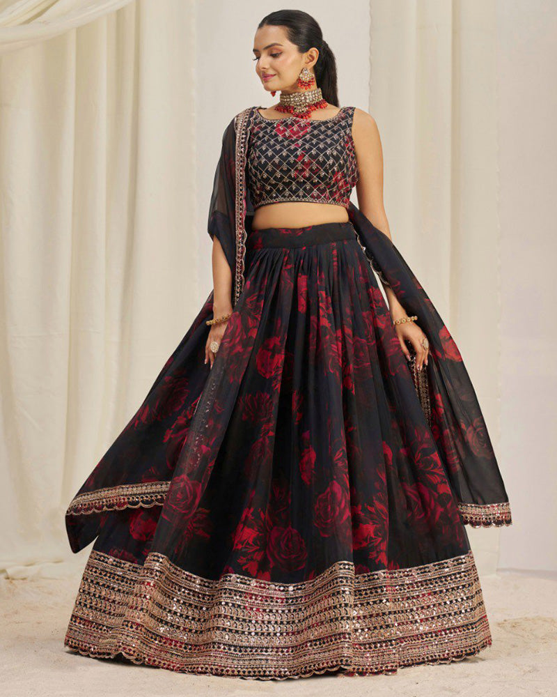 Black And Red Color Floral Print Soft Organza Lehenga Choli