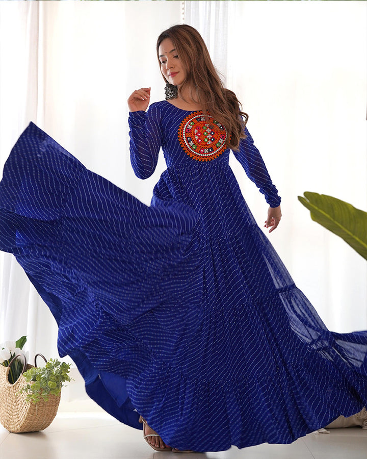 Royal Blue Color Georgette Laheriya Print Navratri Gown