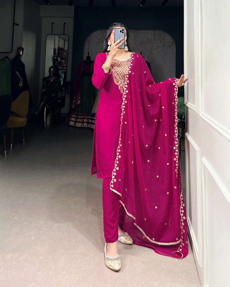 Pink Color Organza Three Piece Kurti Suit