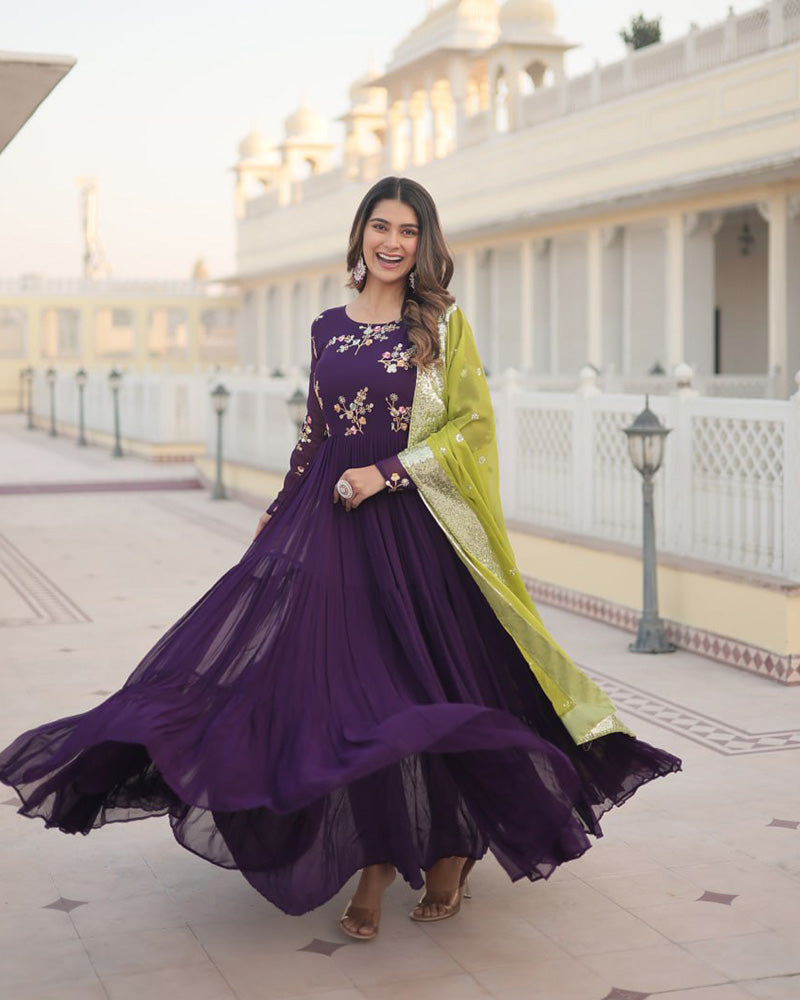 Wine Color Three layer Georgette Gown With Russian Silk Dupatta