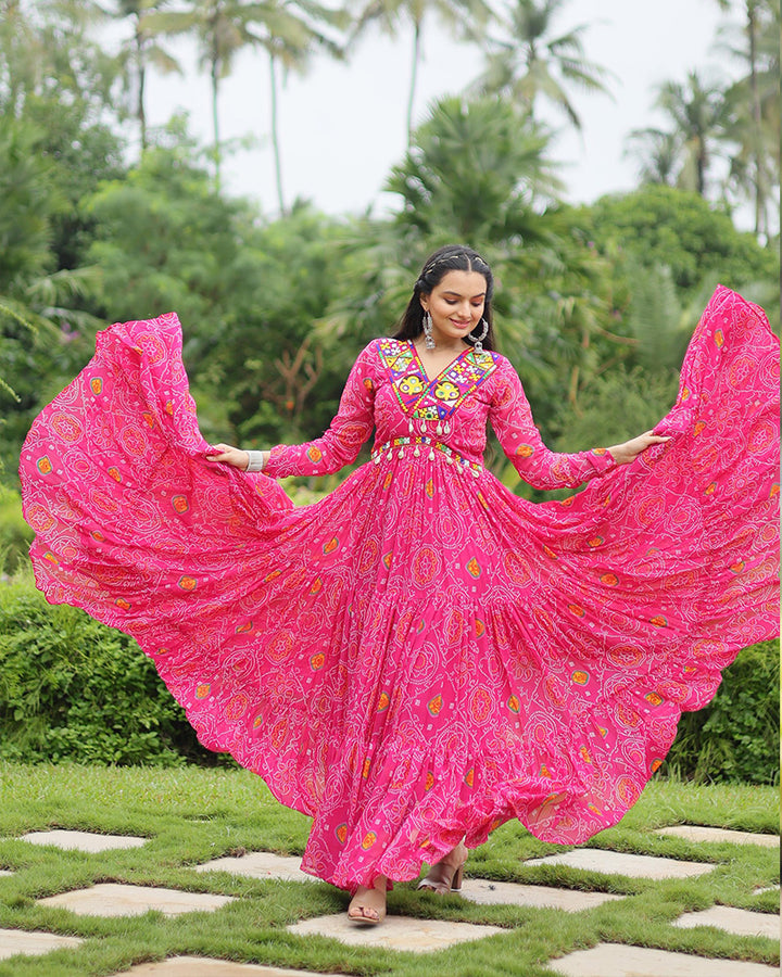 Pink Color Georgette Kutchi Work Navratri Gown