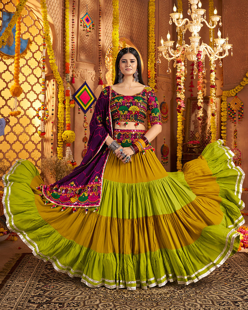 Traditional Mustard Multi Color Thread And Mirror Work Lehenga Choli