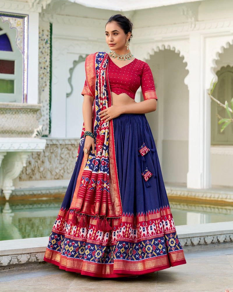 Navy Blue Color Tussar Silk Patola Printed Half Saree