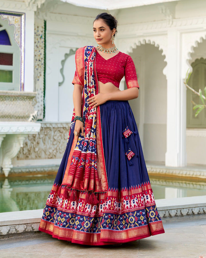 Navy Blue Color Tussar Silk Patola Printed Lehenga Choli