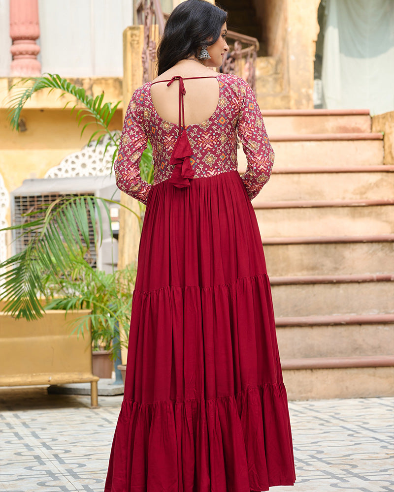Classic Maroon Mirror Embroidered Rayon Gown For Navratri
