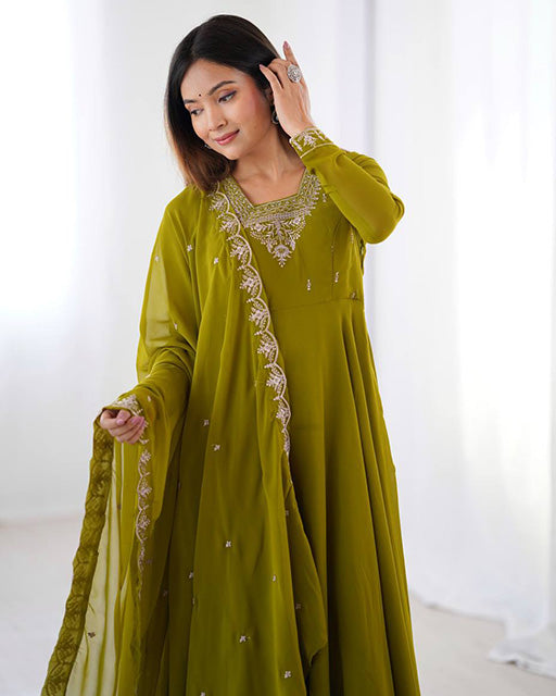 Mehndi Green Color Georgette Embroidered Three Piece Anarkali Suit