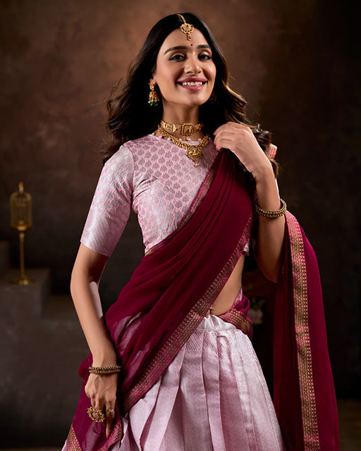 Light Pink Color Jacquard Silk Half Saree