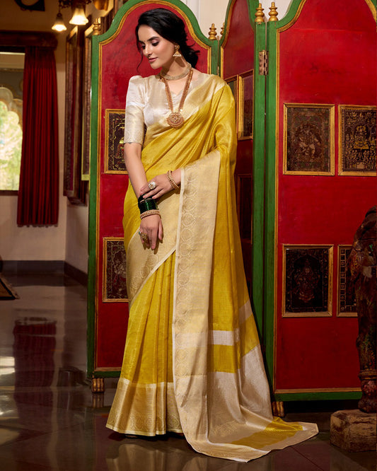 Yellow Color Weightless Jacquard Chex Saree