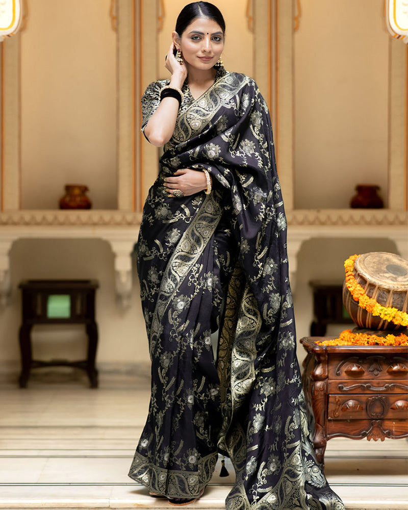 Black Color Banarasi Jacquard Zari Weaving Saree