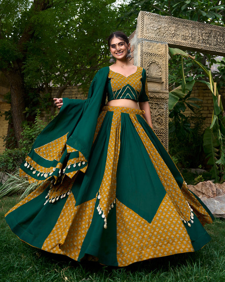 Mustard And Green Color Cotton Printed Navratri Lehenga Choli