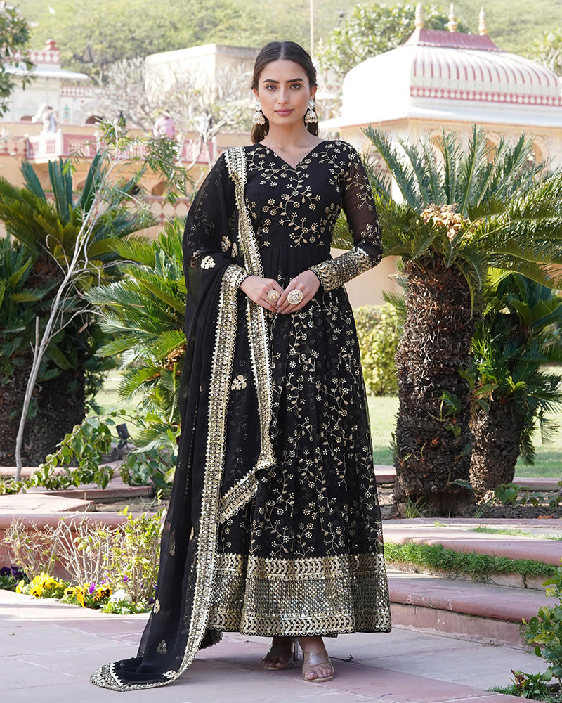 Designer Black Color Faux Blooming Rich Sequence Embroidered Gown