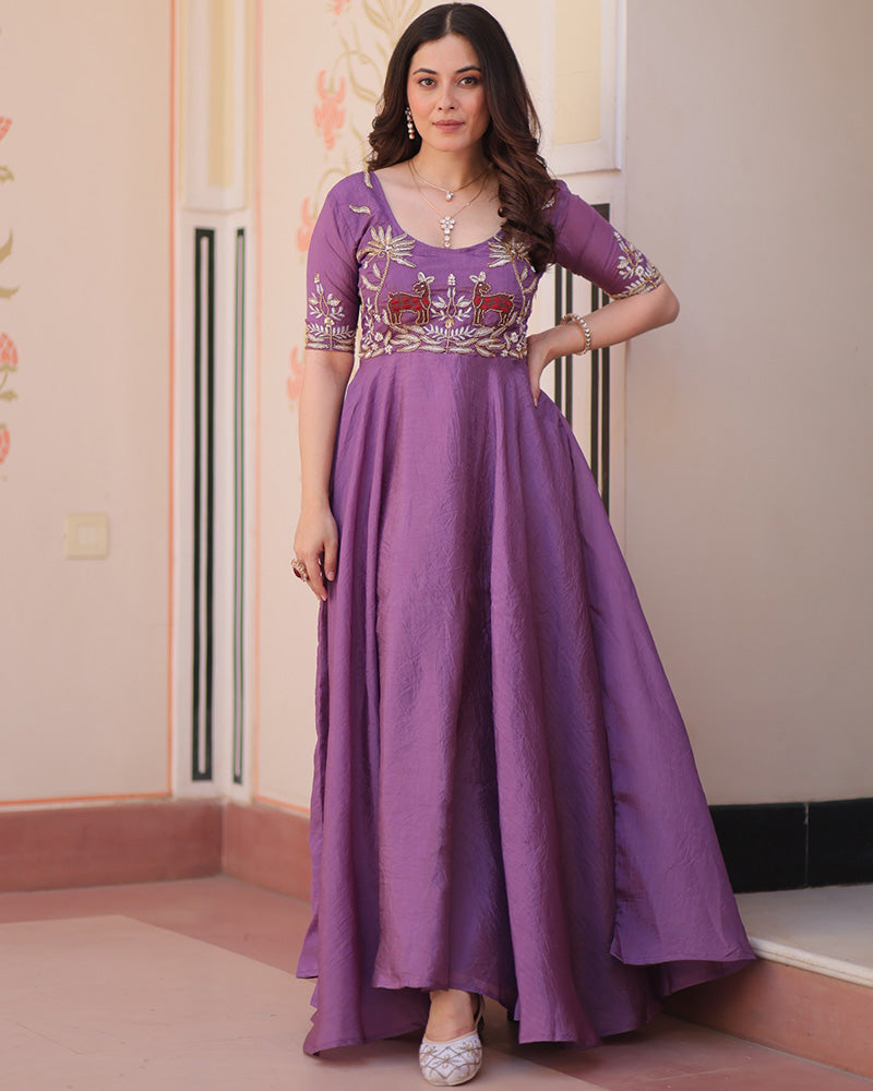 Lavender Color Gold Crush Embroidered Work Gown