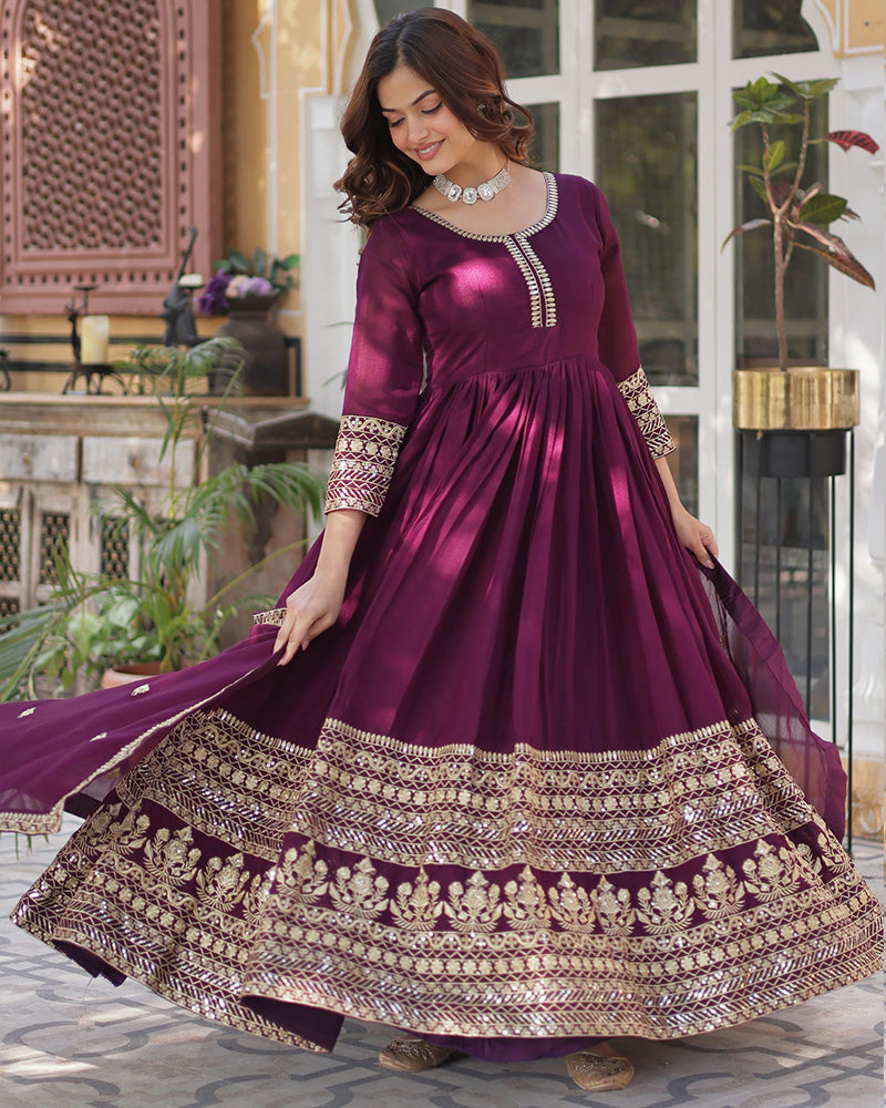 Wine Color Vichitra Shimmer Sequence Embroidered Gown