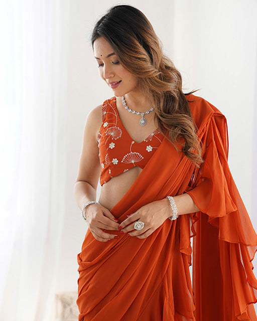 Rust Color Faux Georgette Fancy Sharara Saree