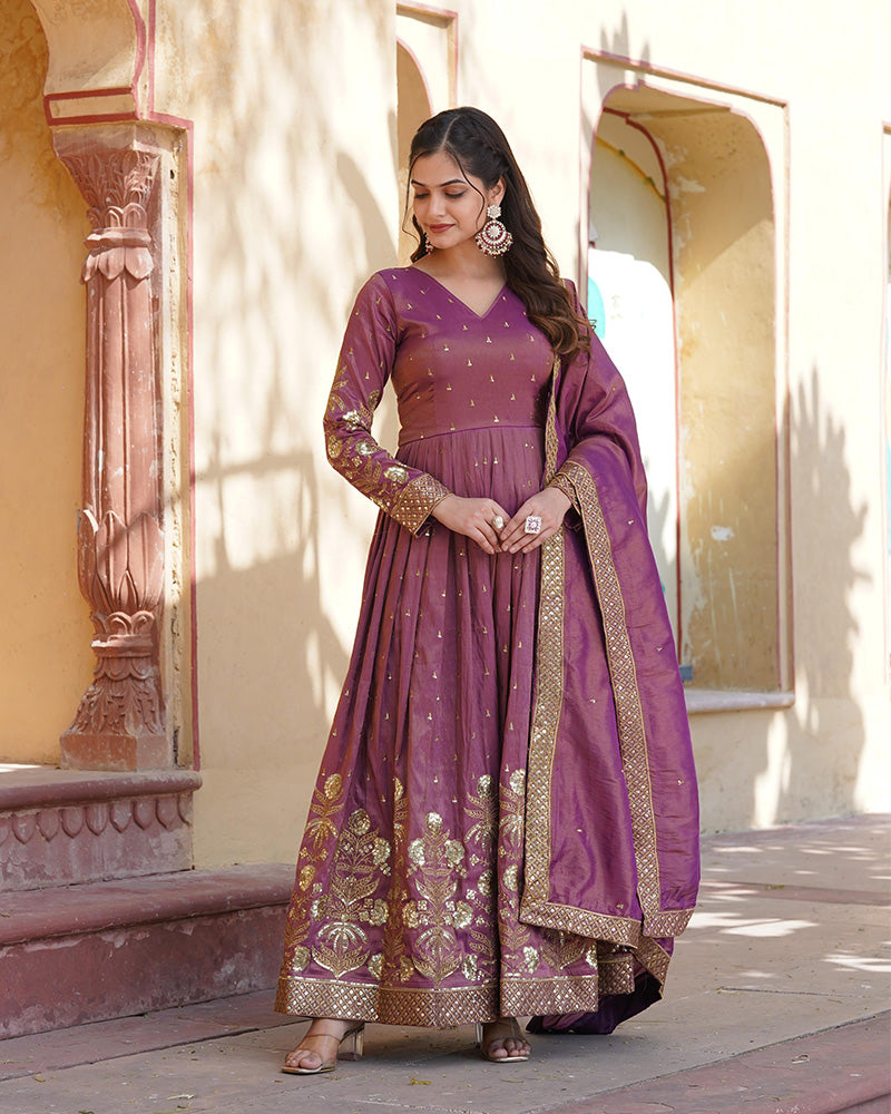 Designer Onion Color embroidered Viscose Cosmos Gown With Dupatta