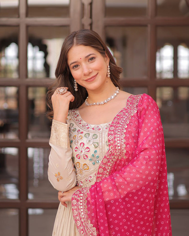 Off-White Color Jacquard Gown With Pink Dupatta – TANHAI Off-White Color Jacquard Gown With Pink Dupatta – TANHAI