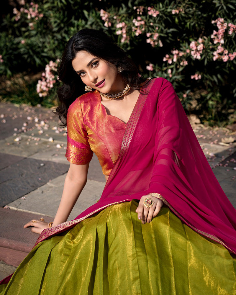 Pista Color Kanchipuram Silk Designer Half Saree