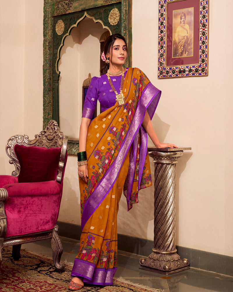 Mustard Color Poly Cotton Kalamkari Print With Zari Work saree