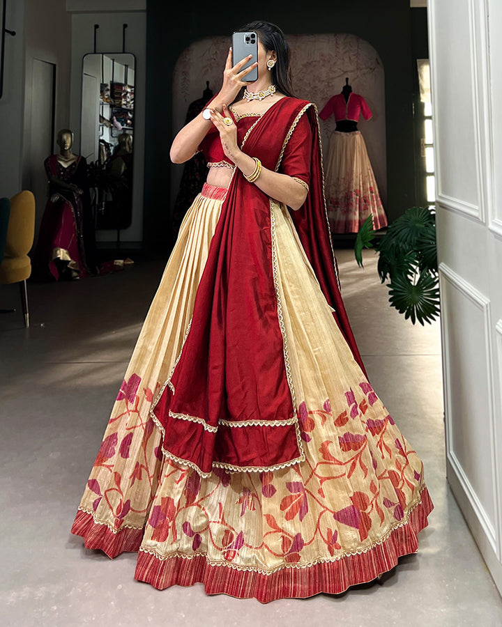 Maroon Color Green Silk Printed Lehenga Choli