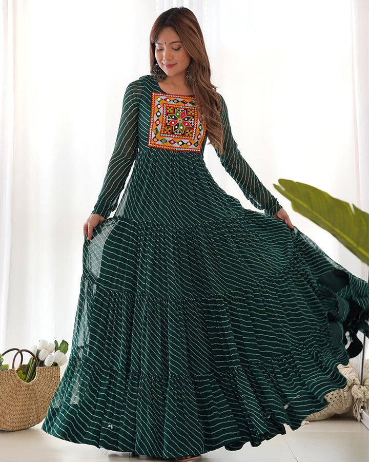 Green Color Georgette Laheriya Print Navratri Gown