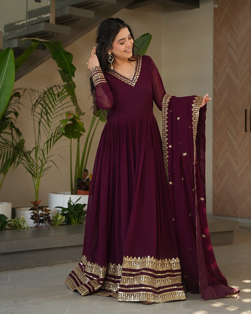 Wine Color Faux Blooming Embroidered Gown With Dupatta