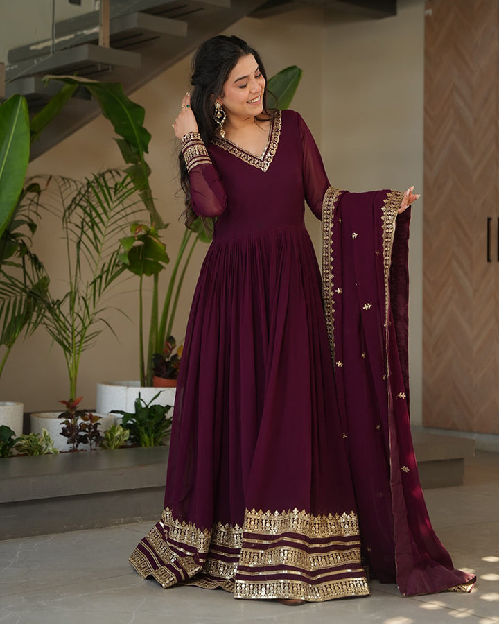Wine  Color Faux Blooming Embroidered Gown With Dupatta