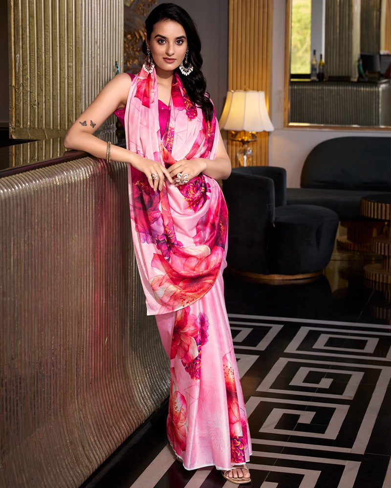 Light Pink Color Satin Silk Printed Saree