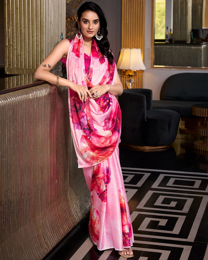 Light Pink Color Satin Silk Printed Saree