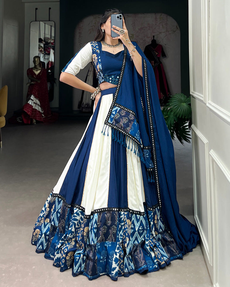 White And Blue Color Rayon Navratri Lehenga Choli