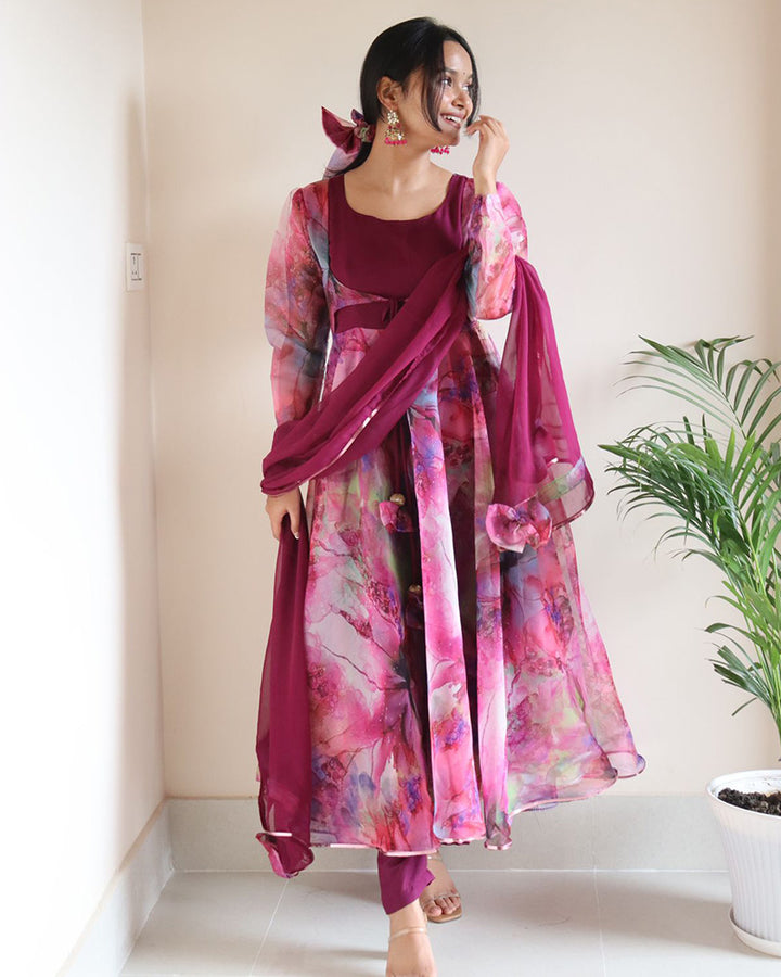 Rose Pink Color Digital Print Organza Three Piece Anarkali Suit